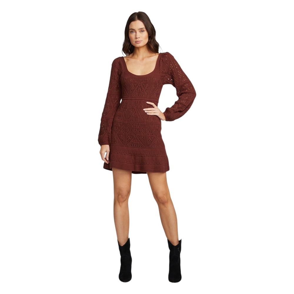 Saltwater Luxe NEW Bibianna Brown Pointelle Knit Balloon Sleeve Mini Dress M NWT